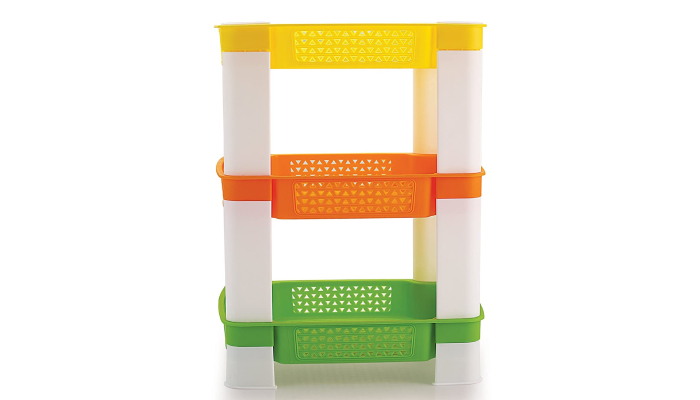 A white kitchen rack with 3 partitions colored in green, orange and yellow